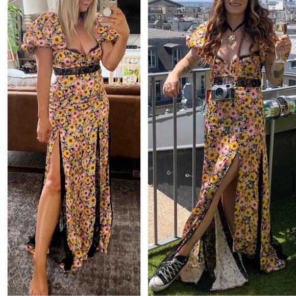 FOR LOVE & LEMONS Sylvia Floral Puff Sleeve Lace Bustier Maxi Dress Size XS - Picture 3 of 12